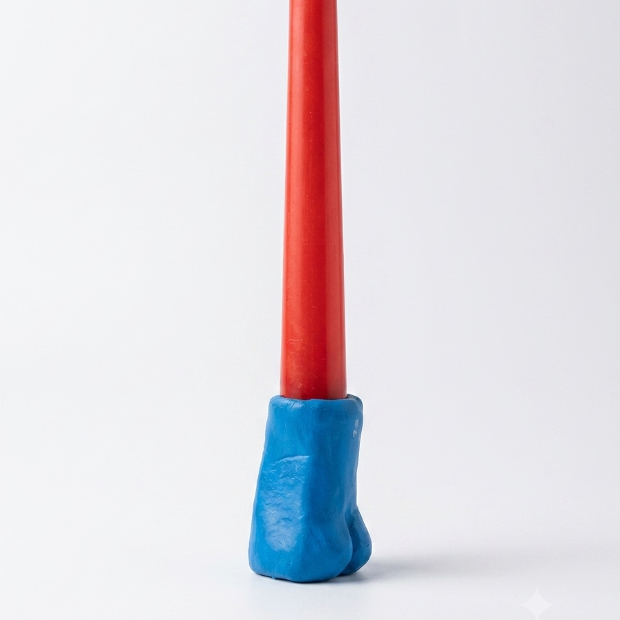 A sculptural candle holder featuring a tall red cylindrical light-saber-like blade mounted in a blue torso-shaped base, photographed on a clean white studio background.