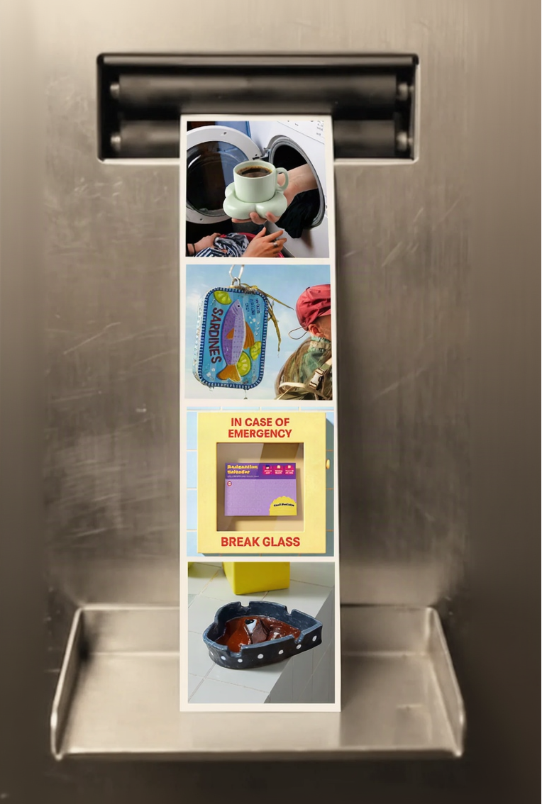 A stainless steel dispenser holds a narrow printed strip containing four small photos and text, including a coffee cup in a washing machine, a colorful fish patch, a child in a helmet, and an emergency break-glass notice. The strip is shown against a brushed metal background.