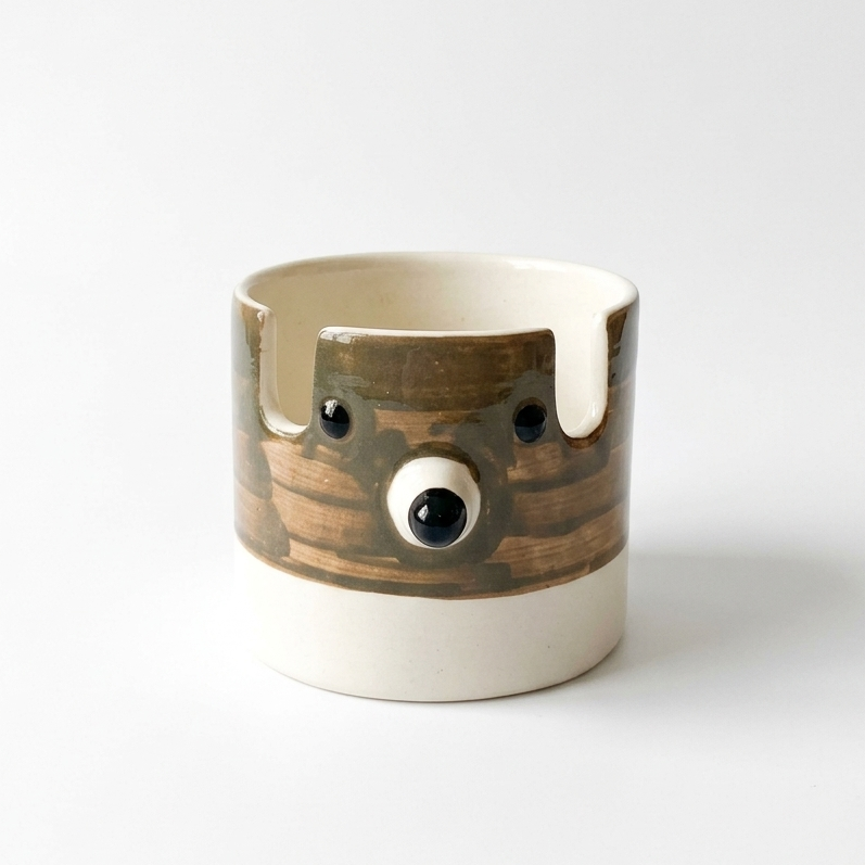 A ceramic mug with a sculptural, three-dimensional bear face design. The mug features a glossy brown glazed body with black eyes and a snout, accented by dripping white glaze details and a solid white base, set against a clean white background.