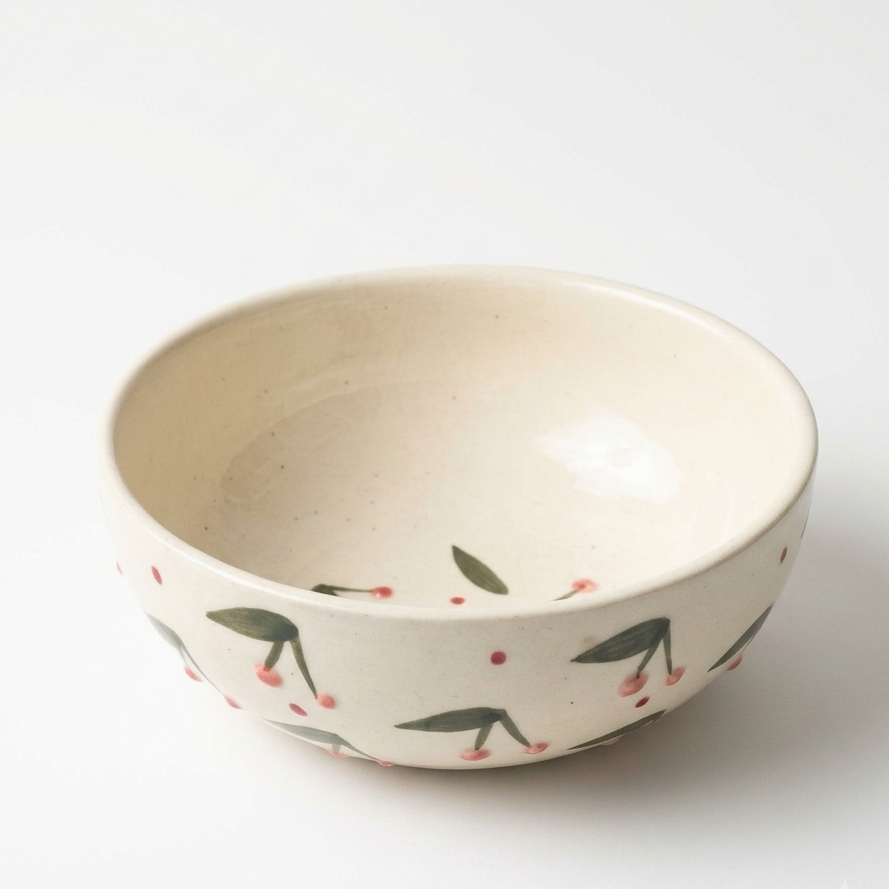 A handmade ceramic bowl with a speckled cream interior and exterior decorated with a pattern of green leaves and small red berries, shown on a clean white background.