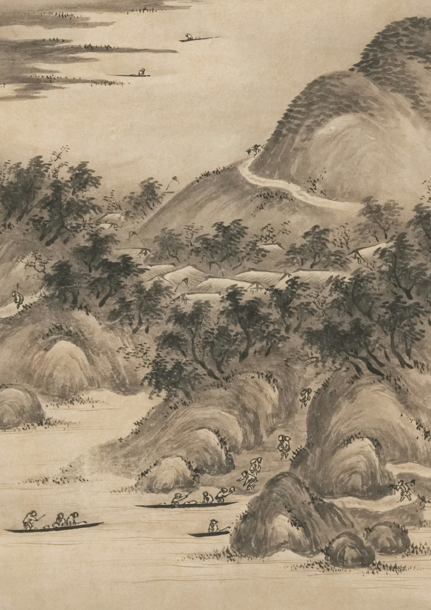 Traditional Chinese landscape painting with mountains, trees, and people on boats.
