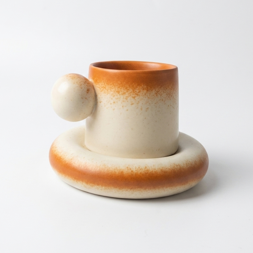 Ceramic cup with a matching saucer on a white background