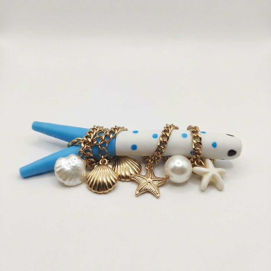 A white and blue necklace holder with gold-tone chain and shell charms, displayed on a clean white background.