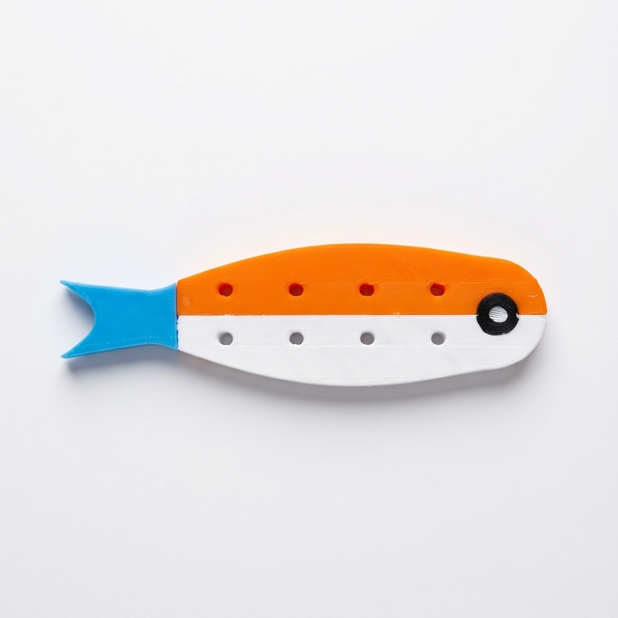 A stylized fish-shaped product, likely a fishing lure or hook, featuring a bright orange top half, a white bottom half, a blue tail, and a black-and-white eye detail, photographed on a clean white background.