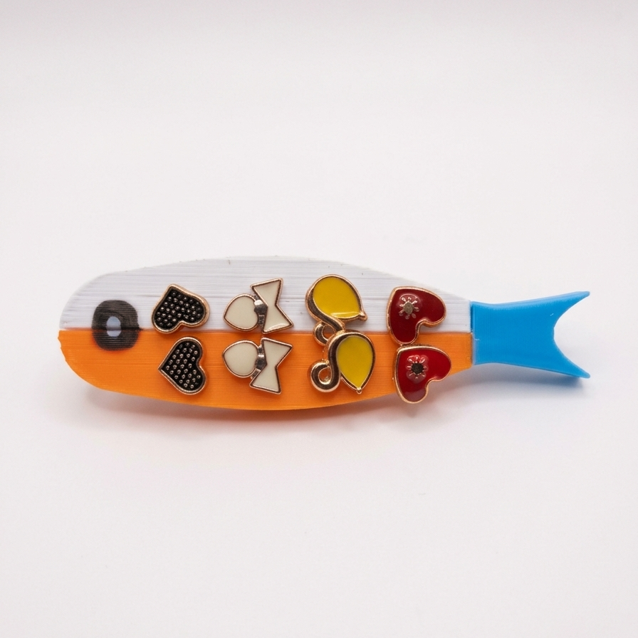 A fish-shaped jewelry holder in orange, white, and blue, decorated with multiple colorful enamel heart and geometric charms, shown on a plain white background.