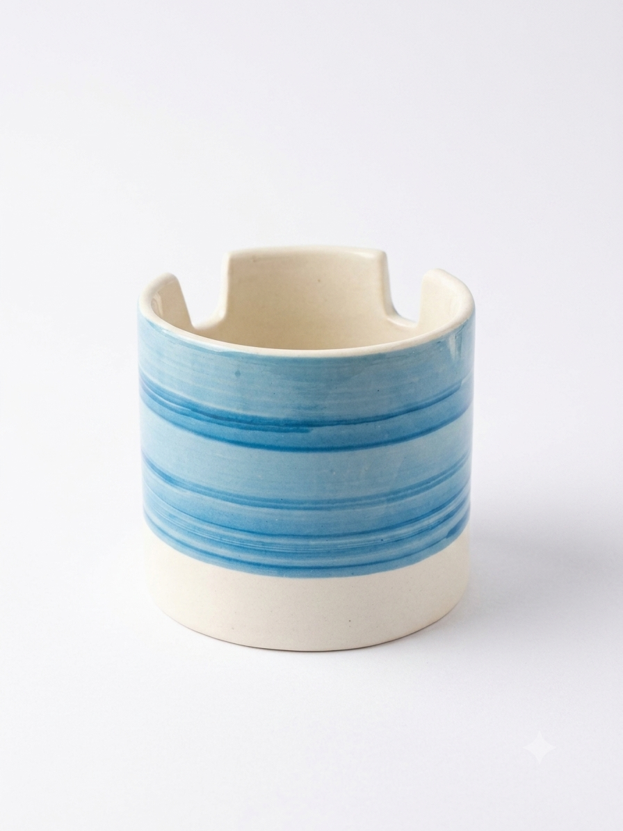 A handmade ceramic penstand with a cream-colored interior and base, decorated with horizontal blue brushstrokes on the exterior, set against a plain white background.