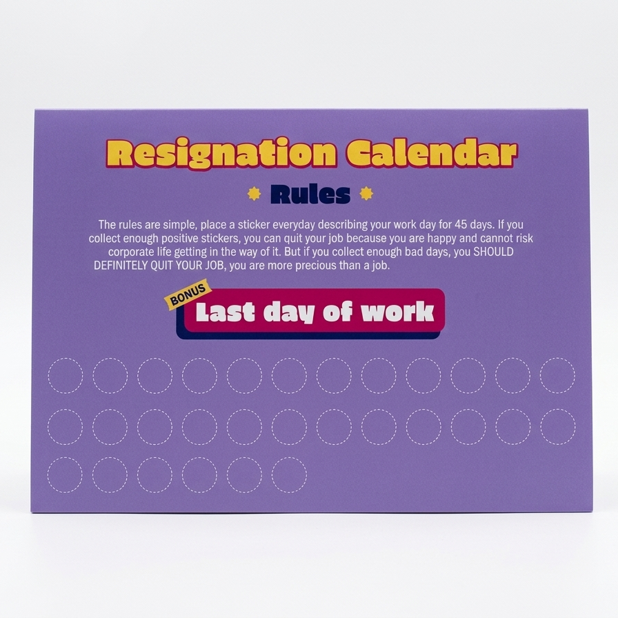 A purple Resignation Calendar card with yellow and white text, featuring sections for rules and a 'Last day of work' label, photographed on a white background.