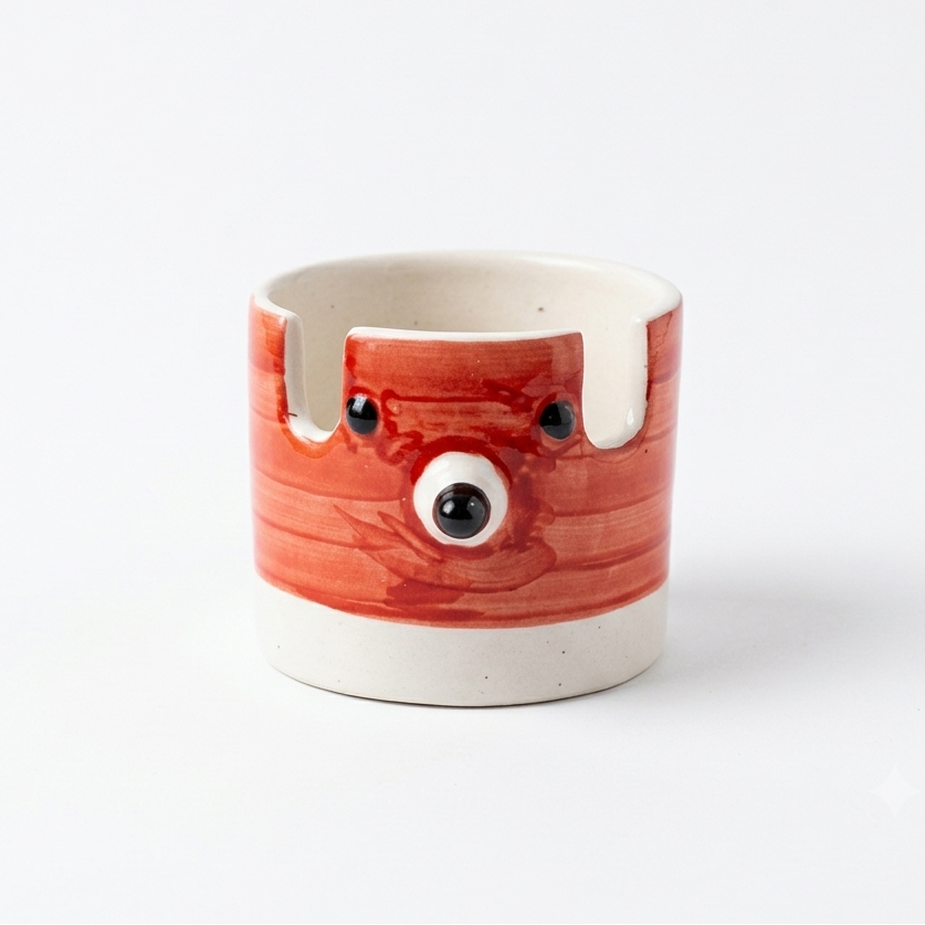 A handmade ceramic mug featuring a red and orange painted face design with black eyes and a white base, set against a plain white background.