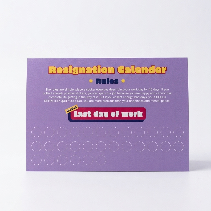 A purple Resignation Calender card with yellow and red text, displayed on a clean white background.