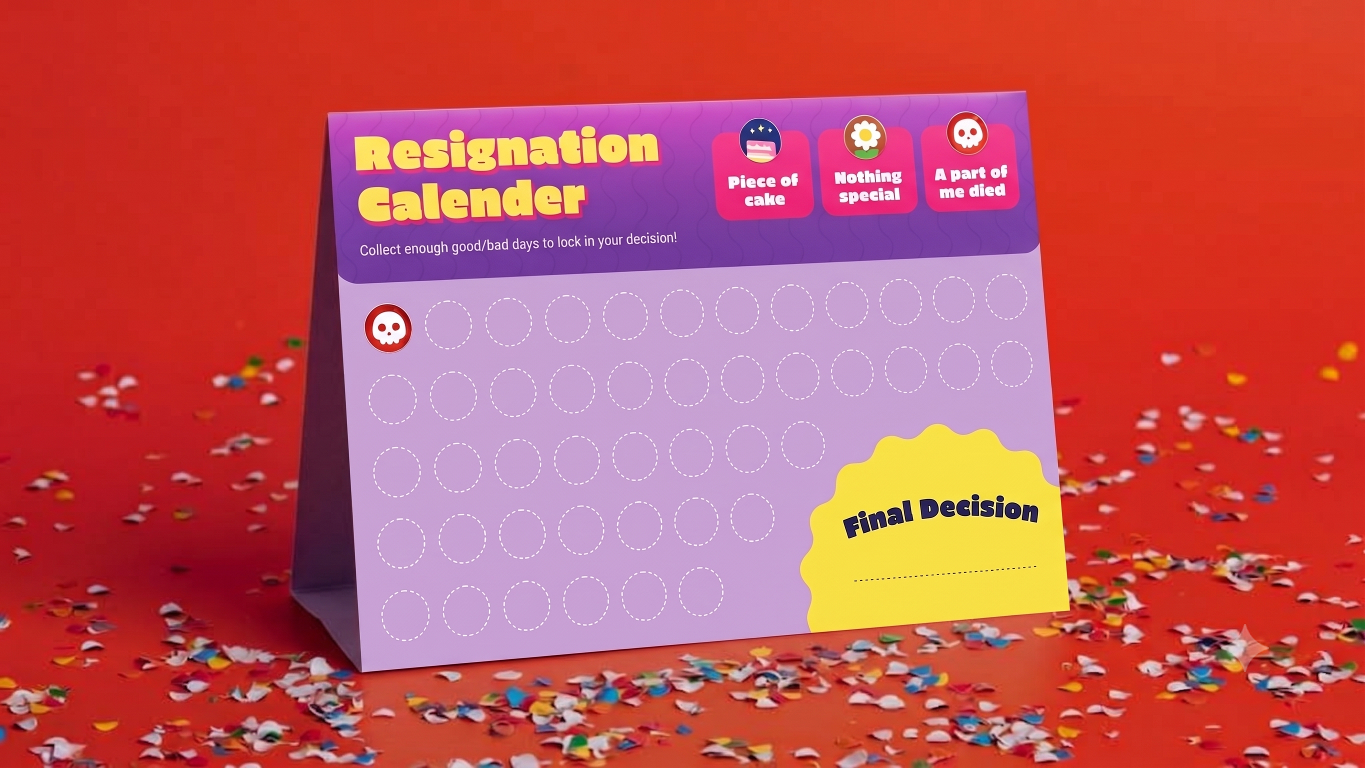 A tabletop 'Resignation Calendar' card set standing upright on a red surface with scattered confetti. The product is a purple and yellow card with printed text and circular tracking spaces, photographed as a clean product shot with no people or real environment beyond styled props.