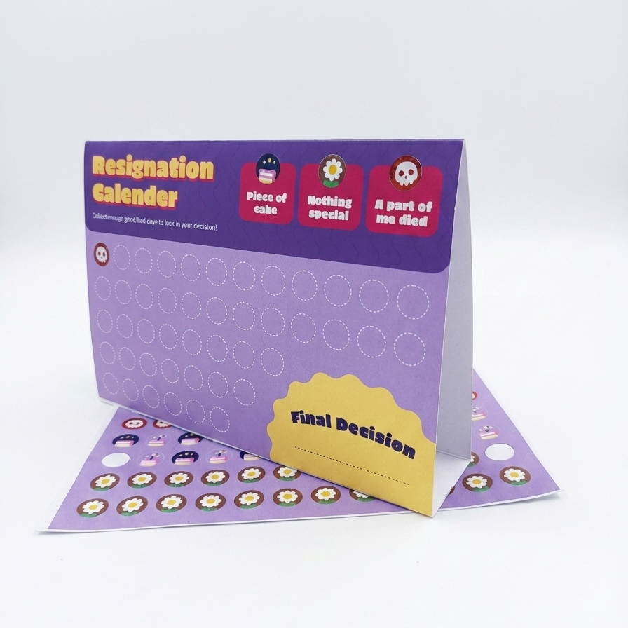 A purple resignation calendar card set with a yellow final decision tab, shown on a clean white background. The calendar features a purple front panel with resignation stages, dotted circle tracking windows, and a sheet of round stickers with small cartoon faces.