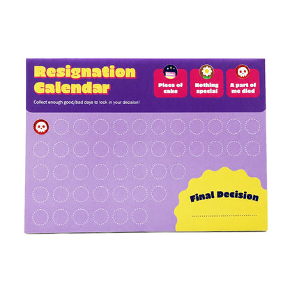 A 'Resignation Calender' product box featuring a purple background with a yellow title, circular blank slots, and a yellow 'Final Decision' section, photographed on a white background.