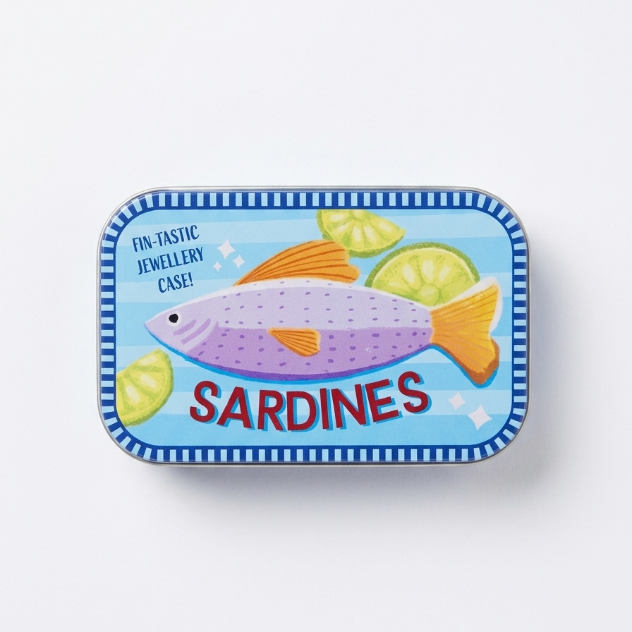 tin sardine box with illustrated fish