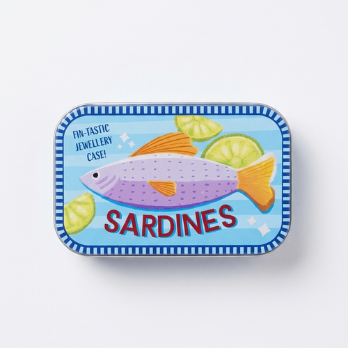 tin sardine box with illustrated fish