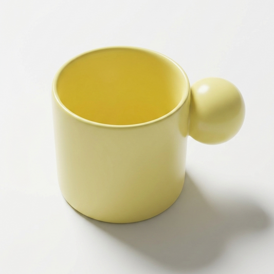 Yellow ceramic mug with a spherical handle on a white background